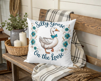 Silly Goose on the Loose Themed Cushion, Farmhouse Decorative Pillow, Rustic Home Decor, Gift Idea