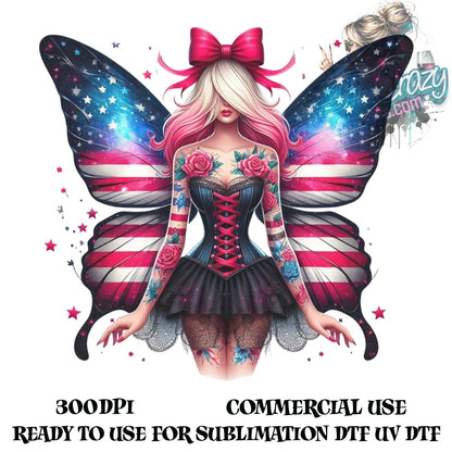 Fantasy Butterfly Girl Art Print, UV Ready for Sublimation, Gothic Fairy Illustration, Stars and Stripes Wings, Commercial Use, 300dpi