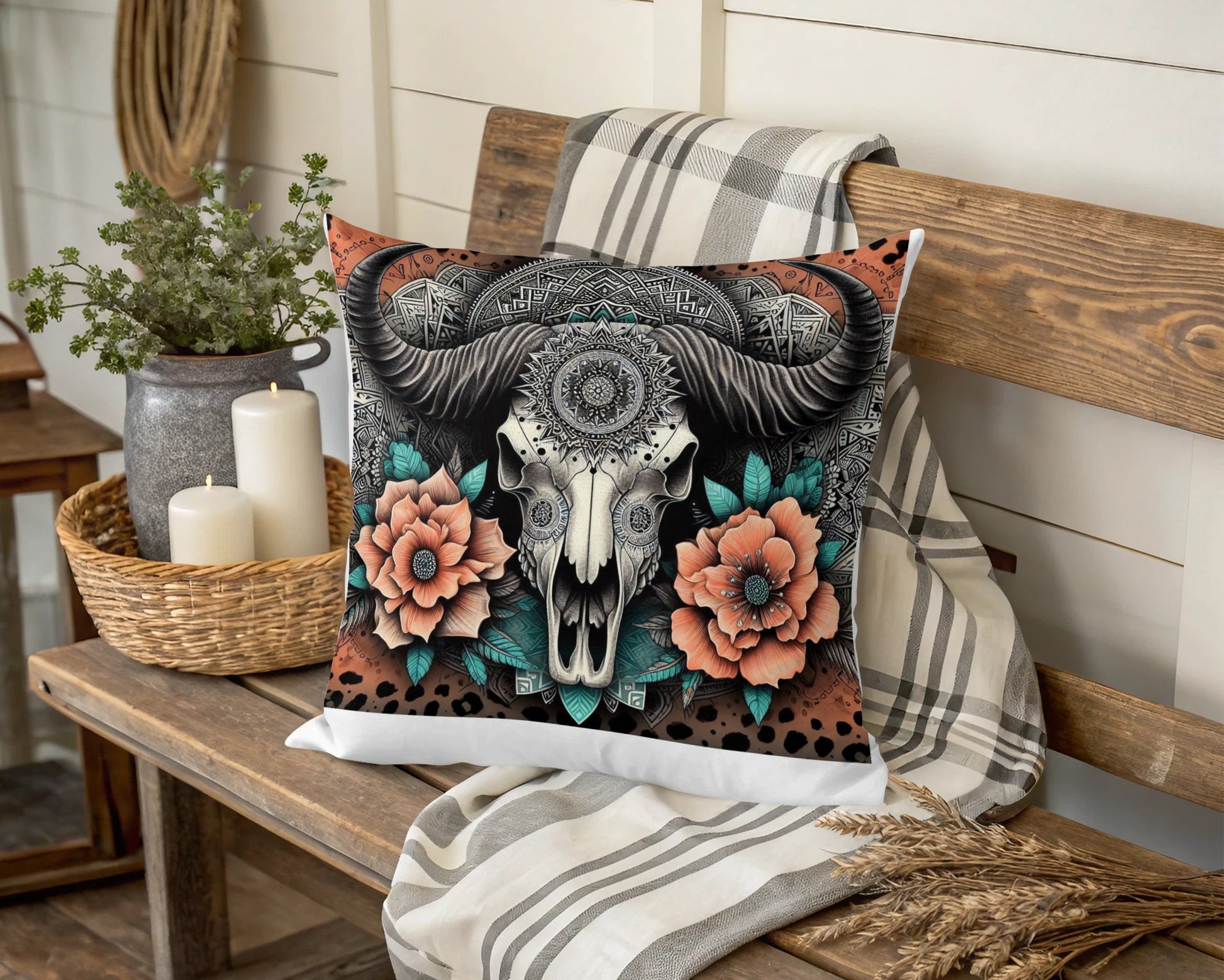 Boho Buffalo Skull Throw Pillow Cover, Decorative Cushion with Floral Design, Rustic Home Decor, 18x18 Inches