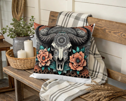Boho Buffalo Skull Throw Pillow Cover, Decorative Cushion with Floral Design, Rustic Home Decor, 18x18 Inches