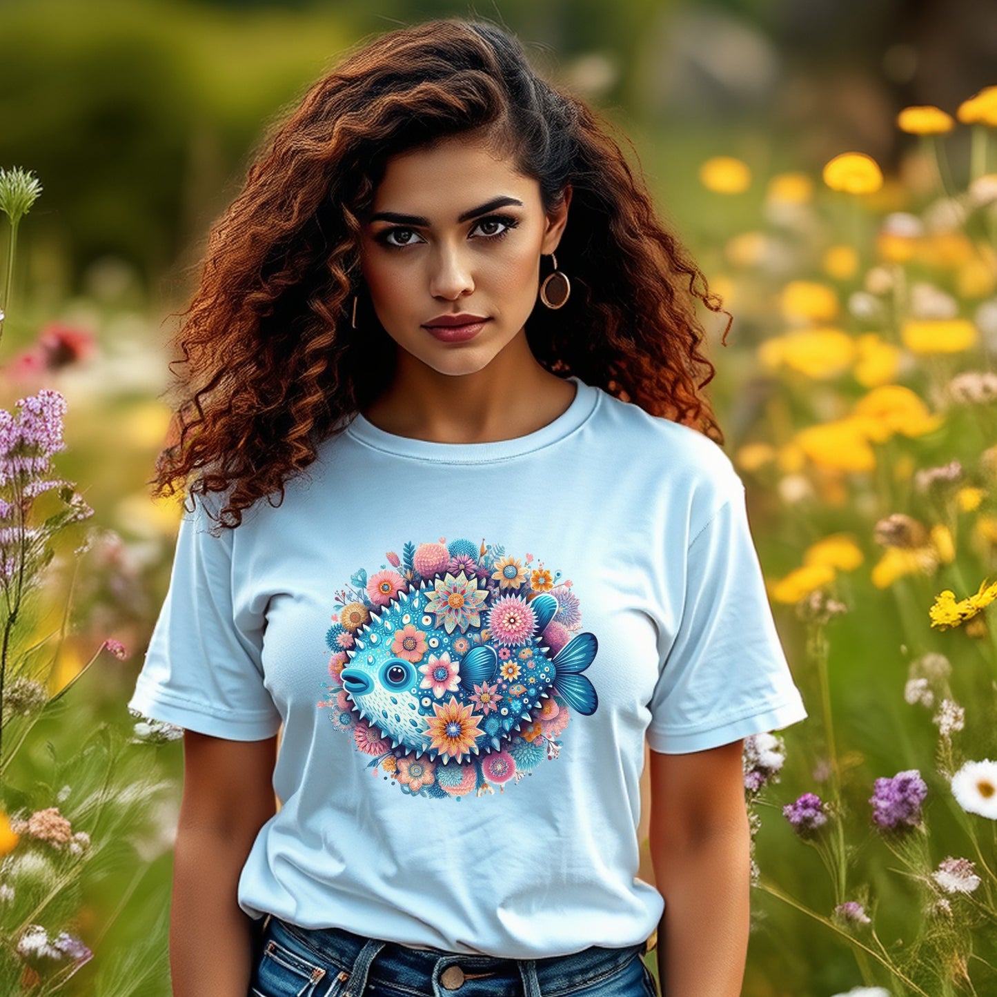 Women's Floral Fish Graphic T-Shirt, Colorful Summer Top, Casual Streetwear, Fashion Tee