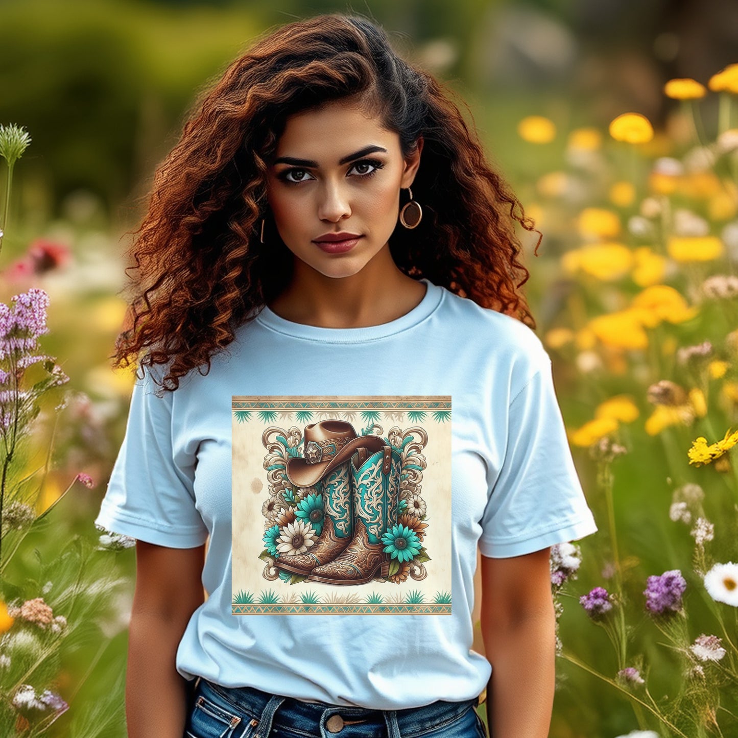 Boho Chic Cowboy Boot Floral Design T-Shirt, Vintage Inspired Western Graphic Tee, Soft Cotton Casual Top for Women