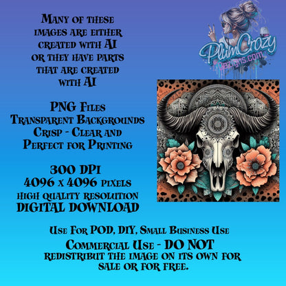 Bohemian Bull Skull Digital Art Print, High Resolution PNG, Perfect for T-Shirts and Posters, Instant Download 4096x4096 Pixels