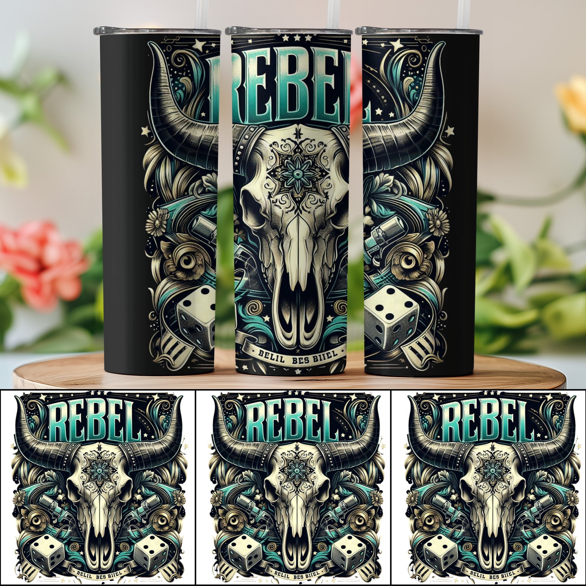Rebel Bull Skull Tumbler, Gothic Stainless Steel Travel Mug, Dice and Animal Horns Design, Unique Gift Idea