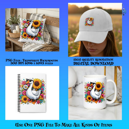 Sunflower Duck Graphic Pillow, Cap, Notebook, Mug - Digital Download PNG Files