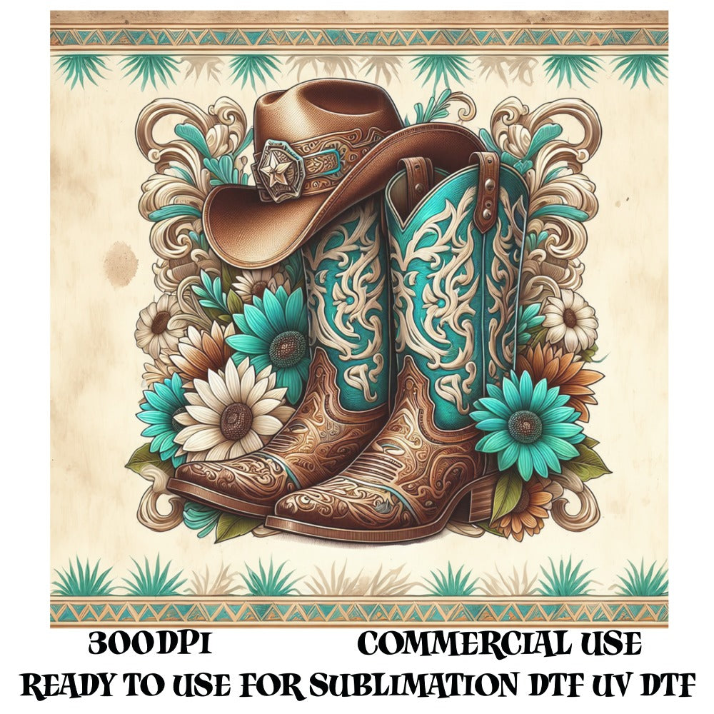 Western Cowboy Boots Hat Floral Digital Print Design, Sublimation Graphics, Commercial Use, 300 DPI UV DTF Ready