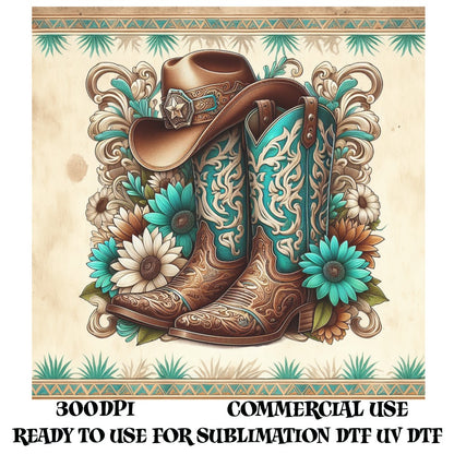 Western Cowboy Boots Hat Floral Digital Print Design, Sublimation Graphics, Commercial Use, 300 DPI UV DTF Ready