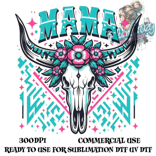 Mama Bull Skull Floral Design for Sublimation, Boho Chic Style T-Shirt Graphic, Commercial Use, High-Resolution Digital File