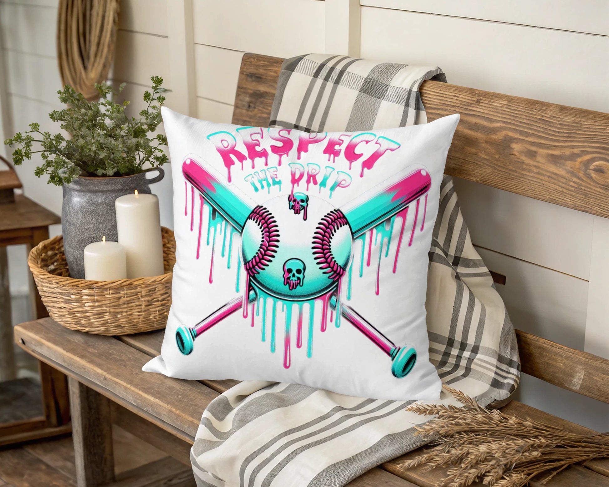 Respect The Drip Skull Design Throw Pillow, Colorful Dripping Art Cushion for Home Decor