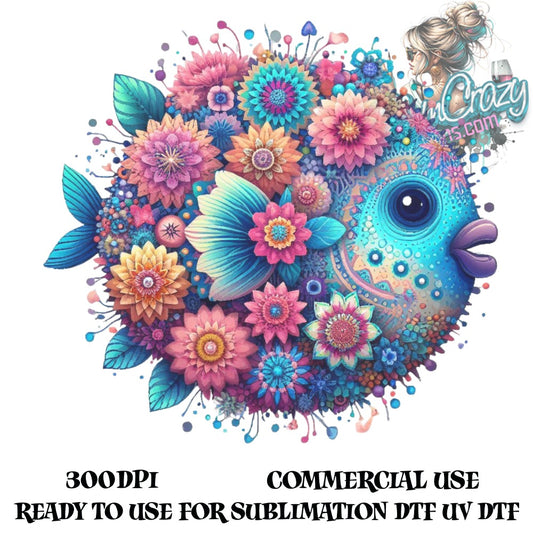 Colorful Floral Fish Art Sublimation Design, Commercial Use, DIY UV DTG Ready, 300DPI Digital Download
