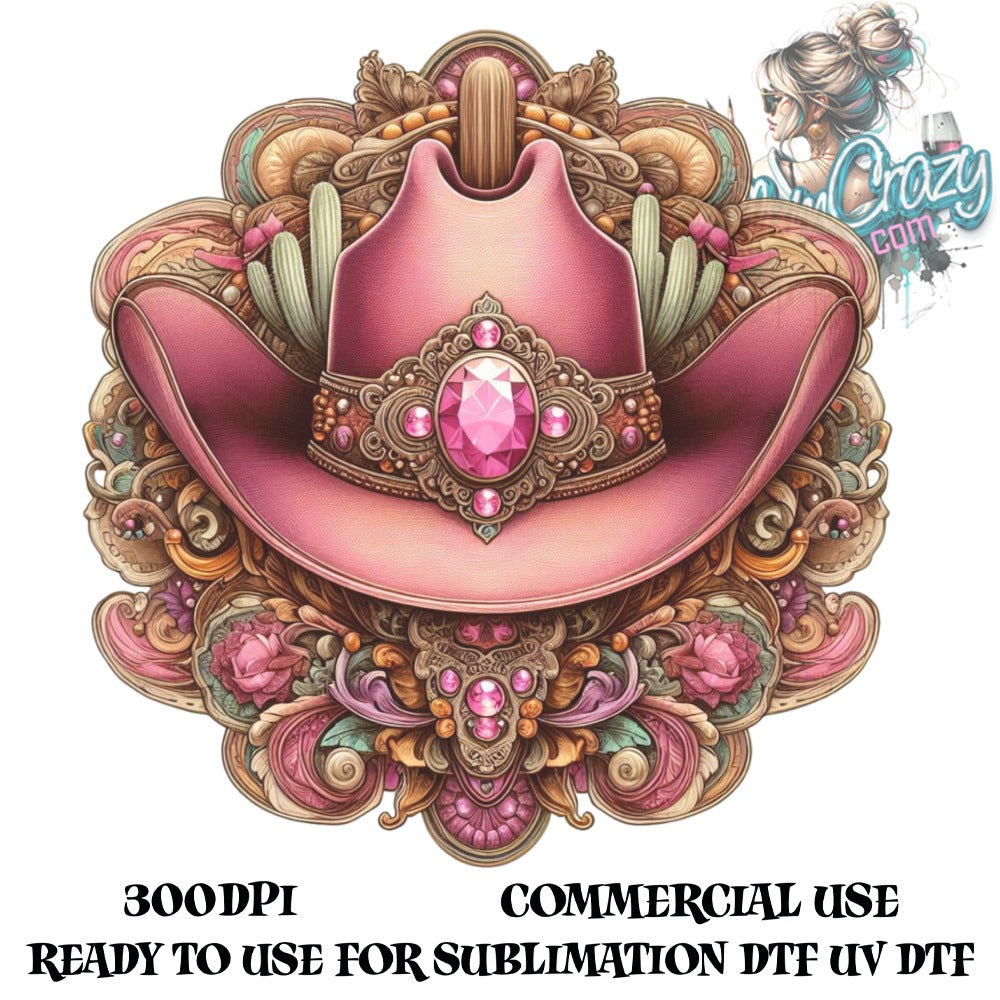 Western Cowgirl Hat Sublimation Design, Pink Gemstone, Floral Embellishments, Digital Download for Commercial Use, 300 DPI High Resolution