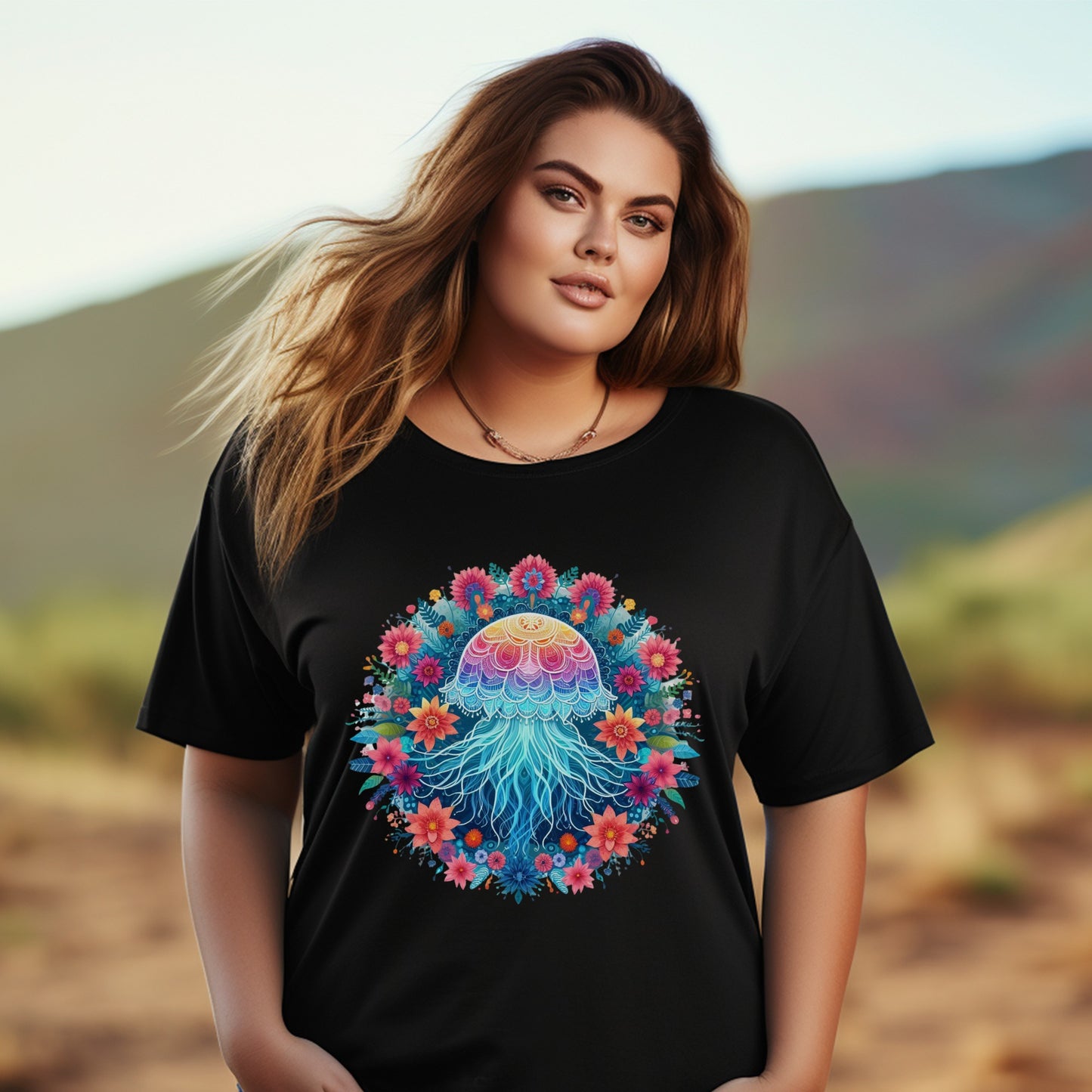 Colorful Jellyfish Floral Design T-Shirt, Stylish Plus Size Women's Casual Top, Trendy Boho Clothing