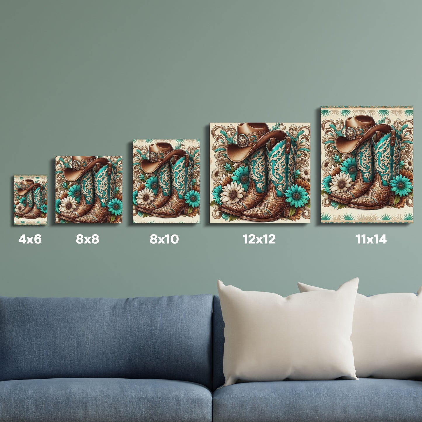 Western Cowboy Boot Wall Art, Rustic Home Decor, Canvas Print Set, Turquoise Accents, Multiple Sizes Available