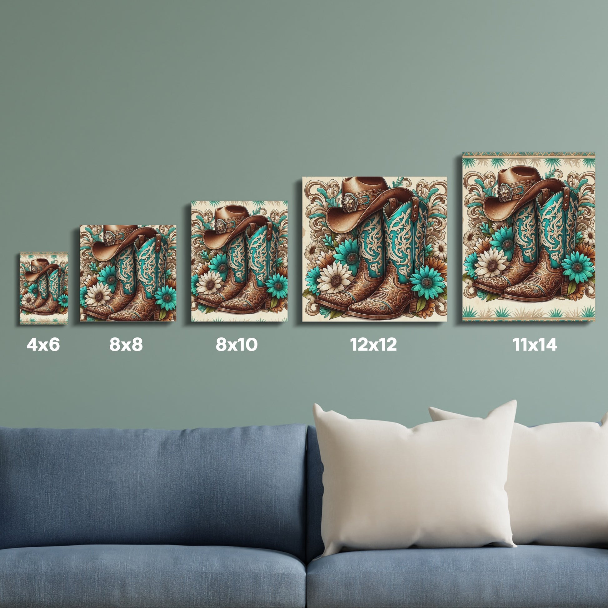 Western Cowboy Boot Wall Art, Rustic Home Decor, Canvas Print Set, Turquoise Accents, Multiple Sizes Available