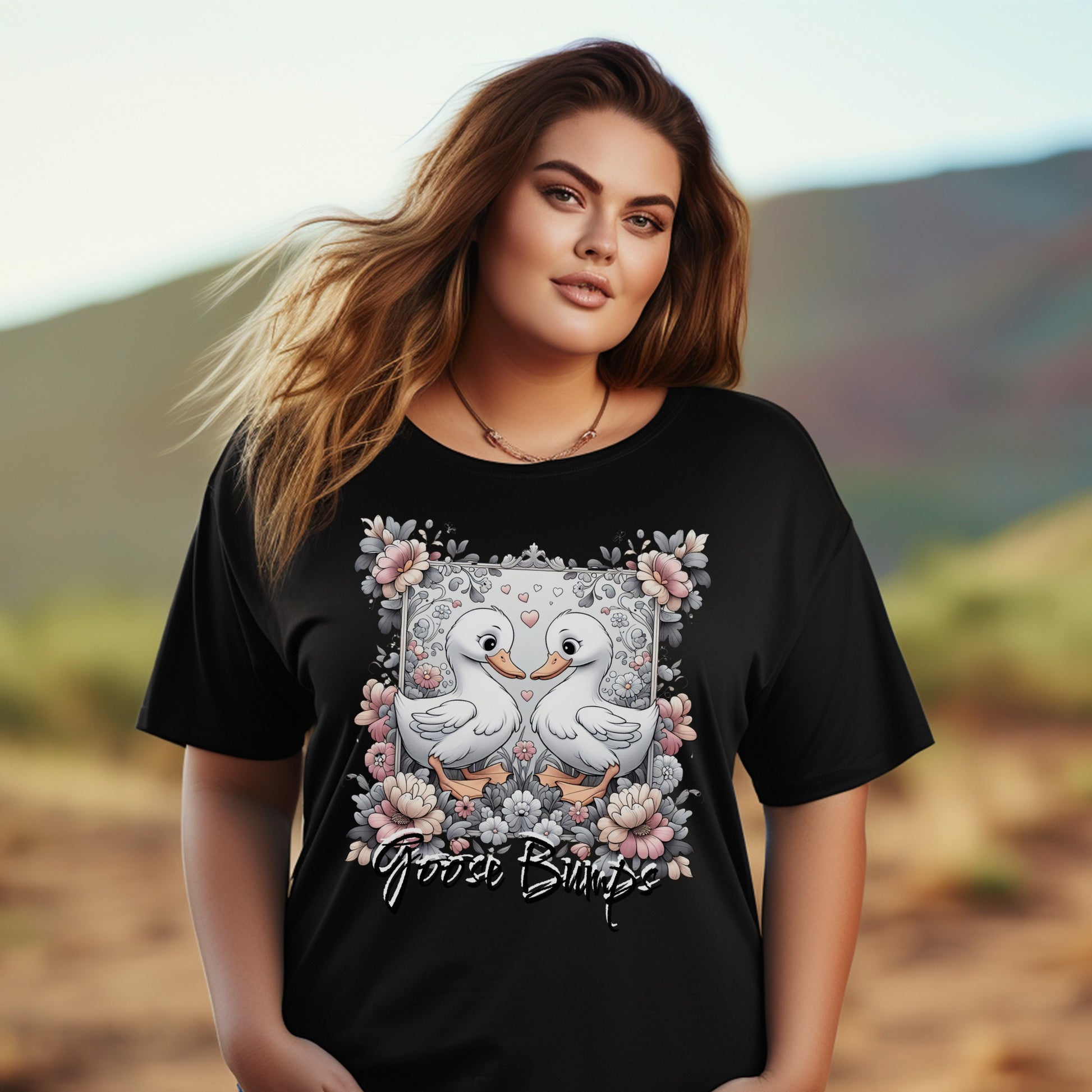 Women's Plus Size Graphic Tee, Cute Birds Floral Print, Casual Black T-Shirt, Fashionable Summer Top