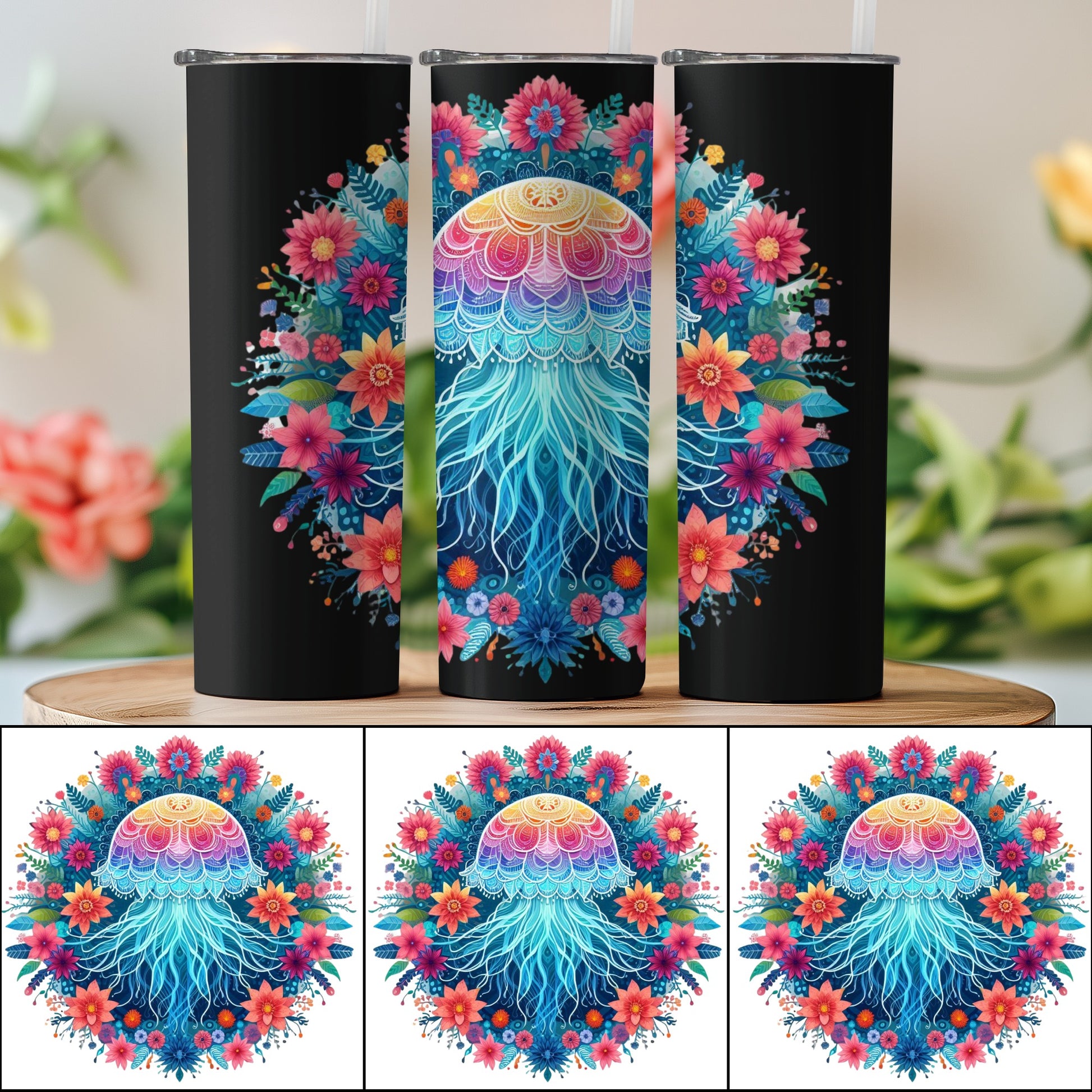 Colorful Jellyfish and Floral Design Tumbler, Insulated Travel Cup, Ocean Theme Drinkware, Unique Gift Idea, Vibrant Flower Art