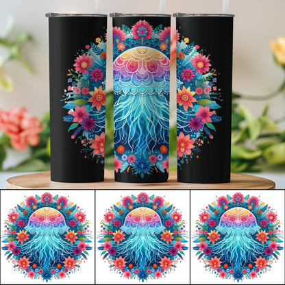 Colorful Jellyfish and Floral Design Tumbler, Insulated Travel Cup, Ocean Theme Drinkware, Unique Gift Idea, Vibrant Flower Art