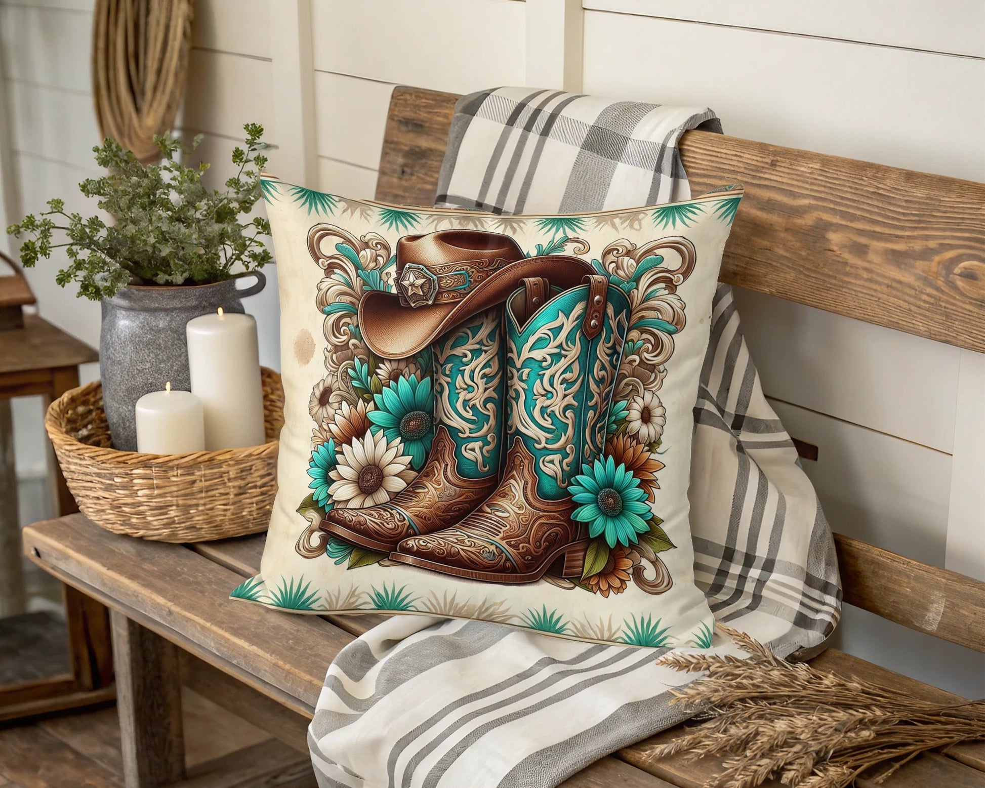 Western Cowboy Boots Throw Pillow Cover, Rustic Home Decor, Floral Design, Decorative Cushion for Couch or Bed