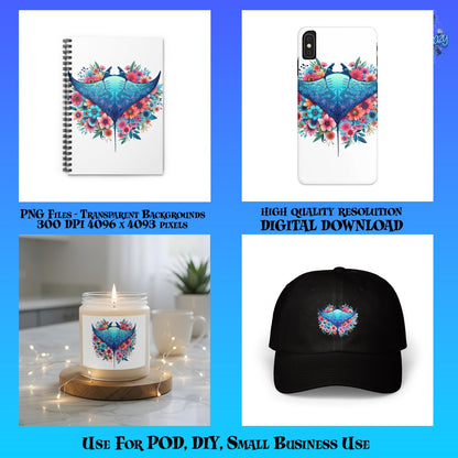 Floral Heart Design Print on Notebook, iPhone Case, Candle, Baseball Cap Set for DIY, Gifts