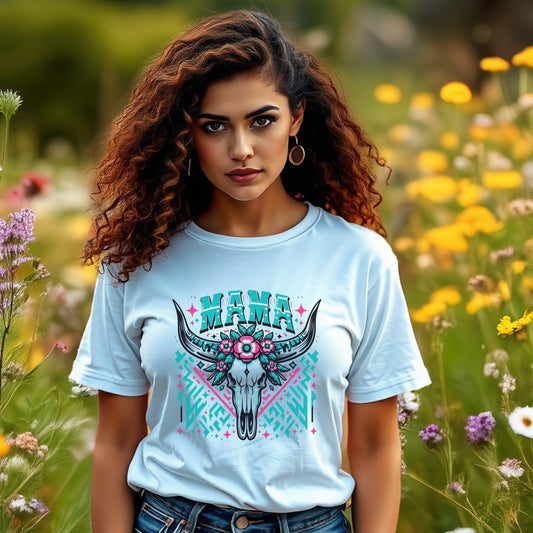 Boho Mama Bear Graphic T-Shirt, Floral Skull Print, Women's Casual Tee, Trendy Mom Gift, Soft Cotton Top, Fashionable Summer Wear