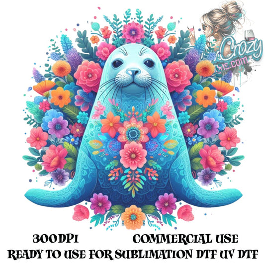 Colorful Seal Floral Illustration, Sublimation Design, Commercial Use, High Resolution, Digital Download, Ocean Animal Art Print