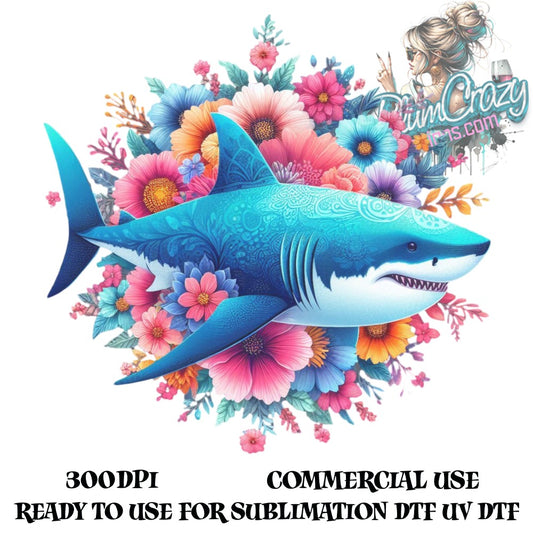 Vibrant Blue Shark Floral Design Sublimation Graphic, Commercial Use, 300DPI, Ready to Use Digital Download for DIY UV Printing