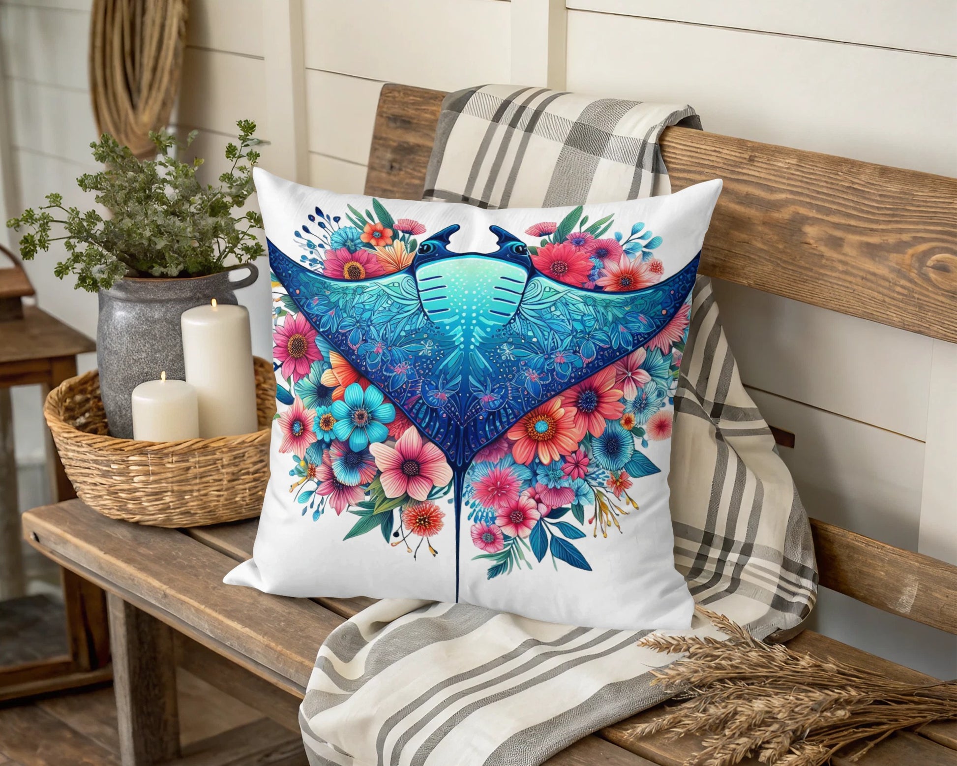 Colorful Hummingbird Floral Design Throw Pillow, Vibrant Blue Bird Cushion, Decorative Sofa Pillow, Nature Inspired Home Decor