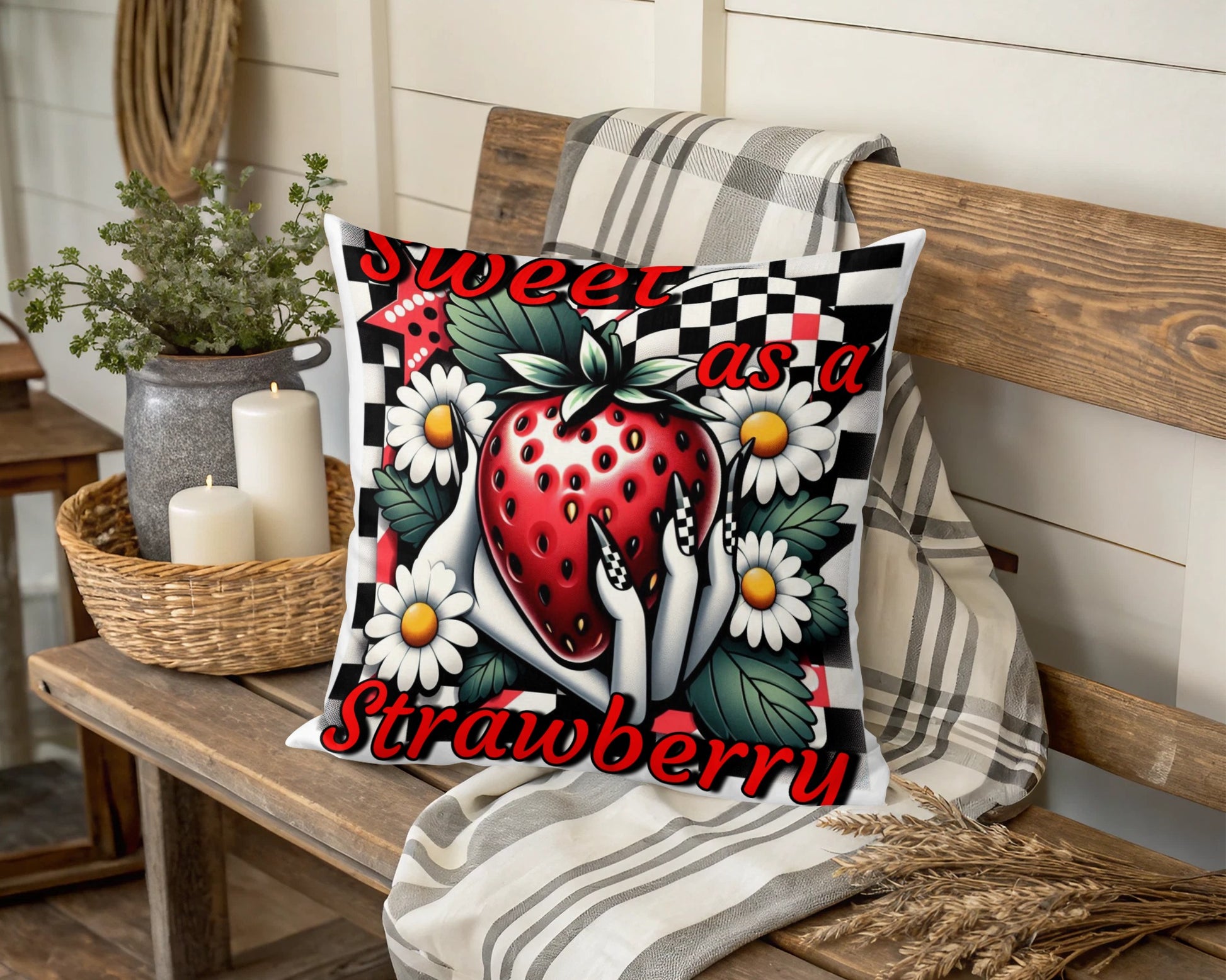 Decorative Strawberry Pillow Cover, Sweet as a Strawberry Quote, Floral and Fruit Design, Checkerboard Background, Home Decor Accent