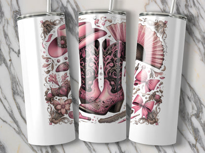 Victorian Boot Floral Design Insulated Tumbler, Elegant Pink and Beige Travel Cup, Gift for Her