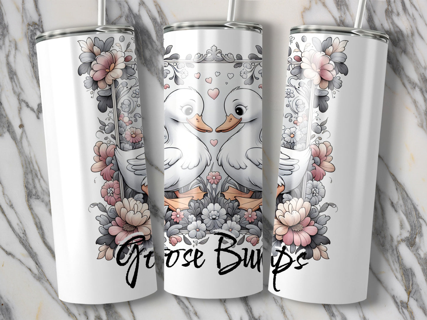 Love Birds Tumbler, Custom Stainless Steel Insulated Drinkware, Floral Goose Design, Romantic Gift Idea, Wedding Favor, 20oz