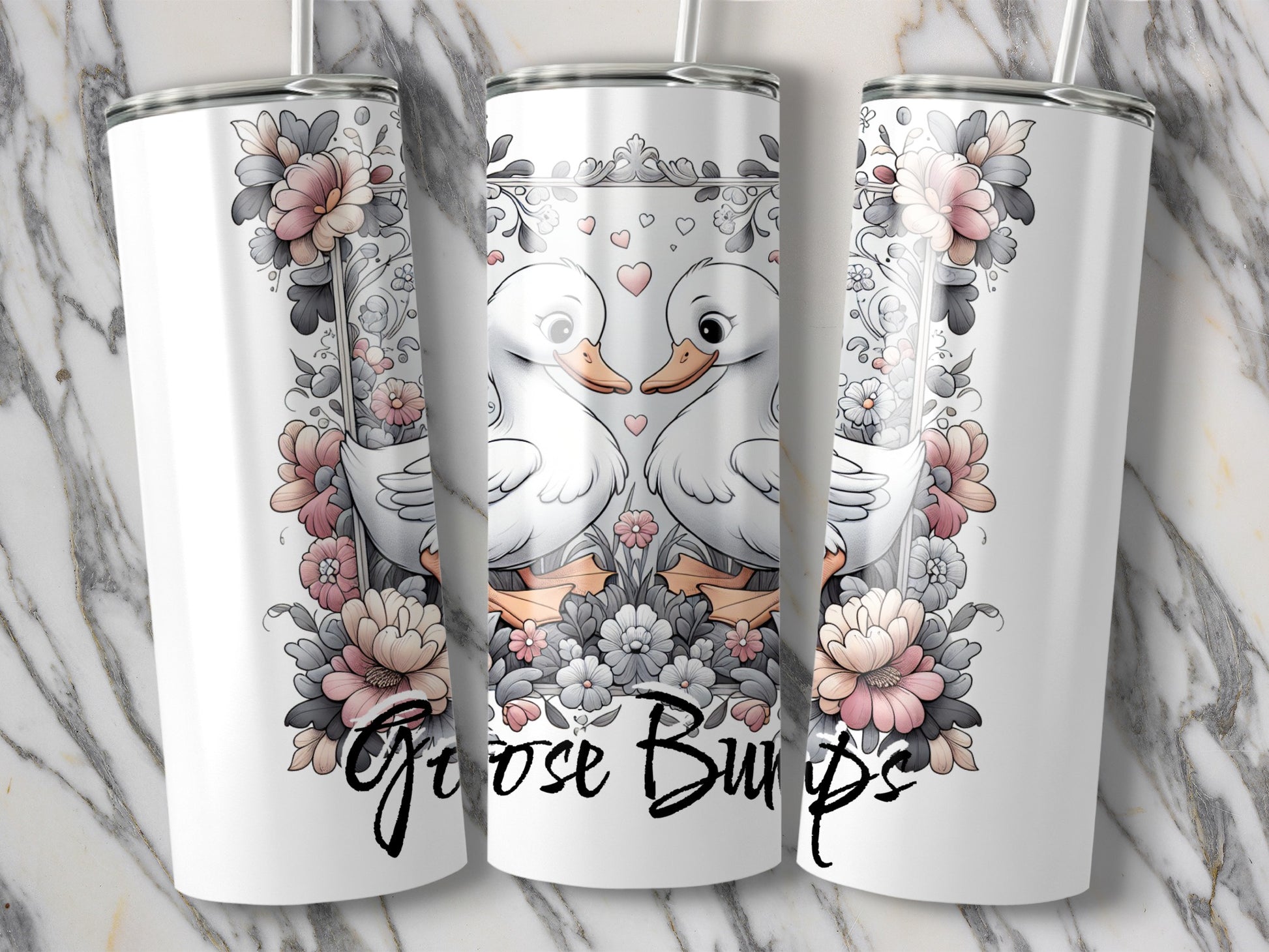 Love Birds Tumbler, Custom Stainless Steel Insulated Drinkware, Floral Goose Design, Romantic Gift Idea, Wedding Favor, 20oz