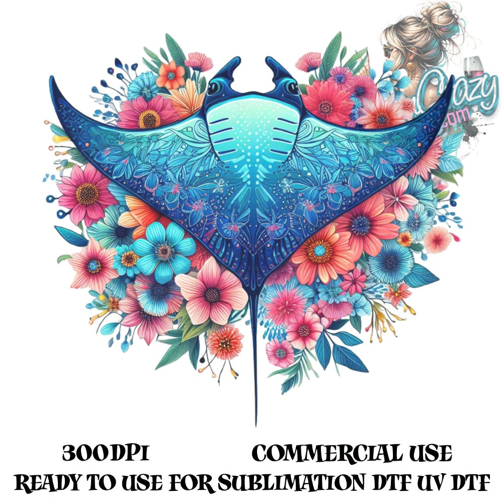 Colorful Floral Manta Ray Sublimation Design, Ocean Wildlife Digital Art, Ready to Use, Commercial Use, High Resolution 300dpi