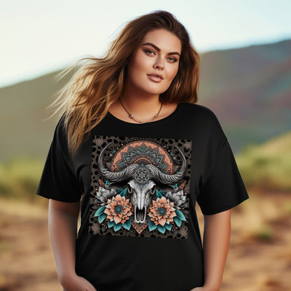Women's Boho Chic Mandala Bull Skull Graphic Tee, Plus Size Floral Print T-Shirt, Casual Summer Top