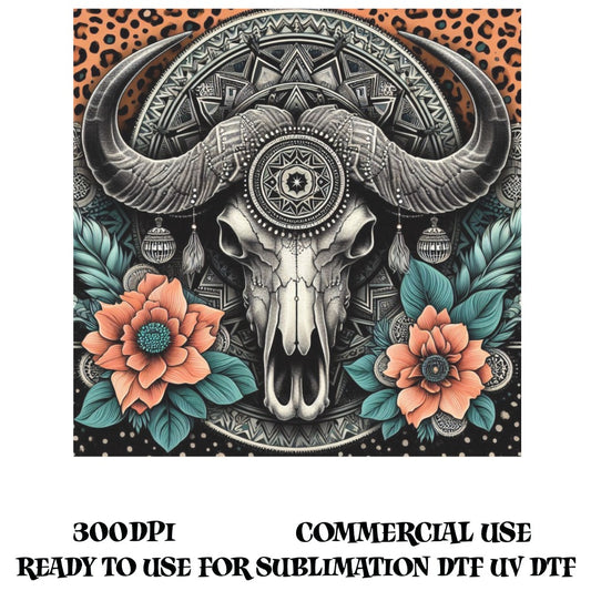 Bohemian Buffalo Skull Wall Art, Floral Mandala Print, Tribal Decor, High-Resolution Digital Download, 300 DPI, UV DTF Sublimation Ready