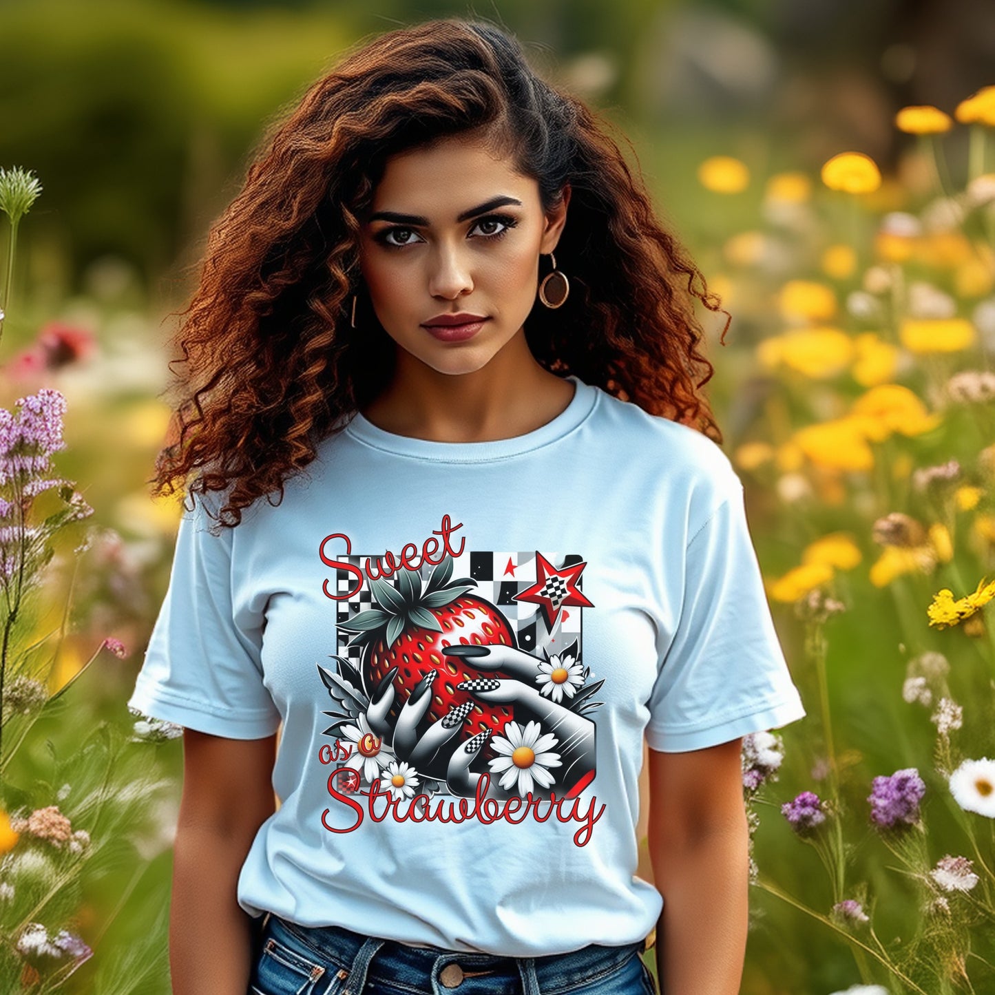 Women's Graphic T-Shirt, Sweet Strawberry Print, Floral Summer Tee, Casual Fashion Top, Light Blue Cotton Shirt