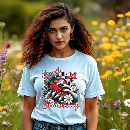 Women's Graphic T-Shirt, Sweet Strawberry Print, Floral Summer Tee, Casual Fashion Top, Light Blue Cotton Shirt