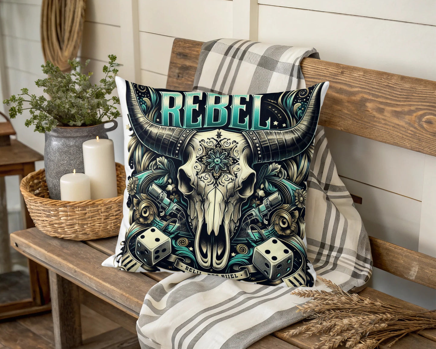 Rebel Bull Skull Throw Pillow, Bohemian Style Cushion, Decorative Sofa Pillow, Dice and Floral Design, Unique Home Decor Gift Idea