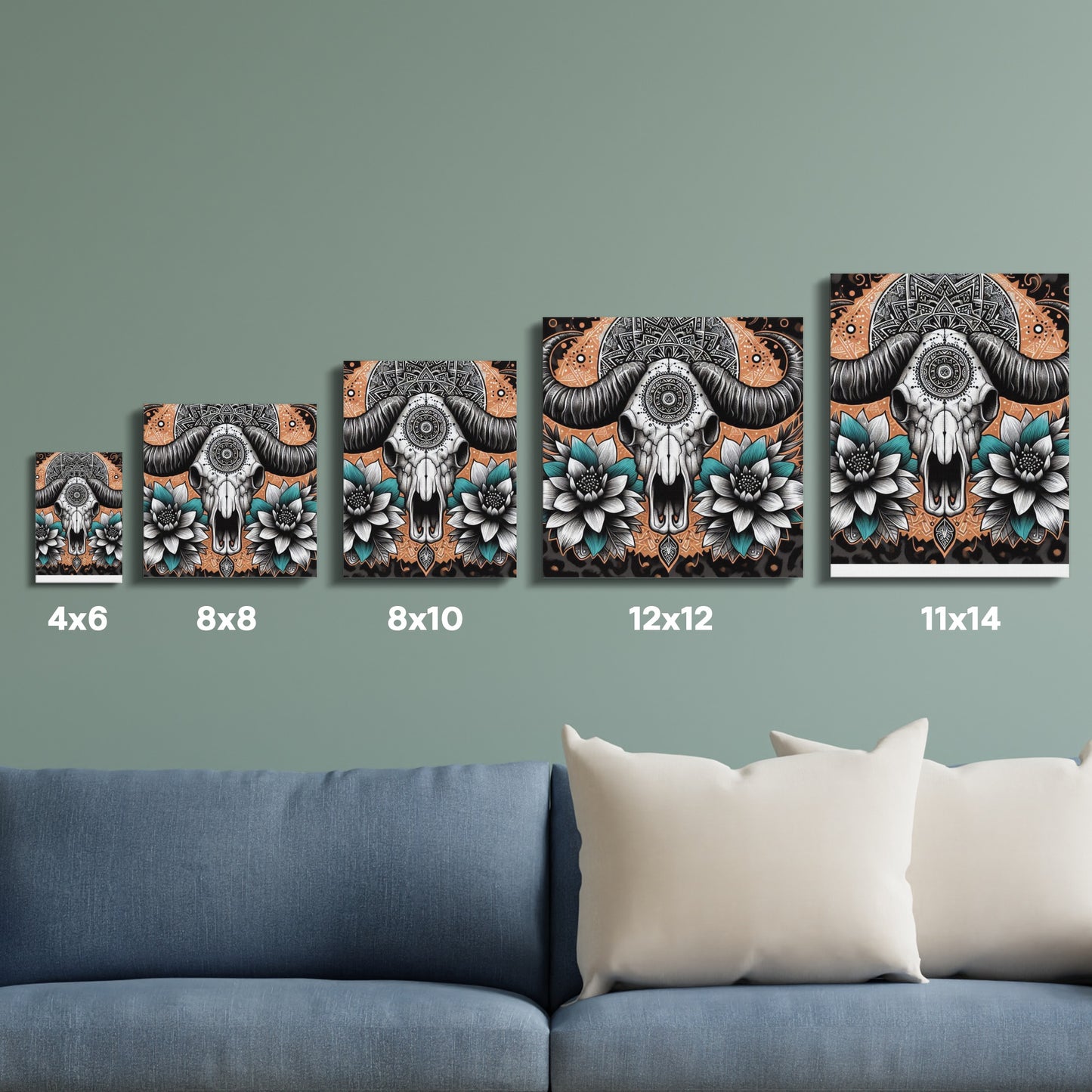 Boho Elephant Wall Art Prints, Floral Decor, Tribal Animal Canvas Set, Various Sizes Available