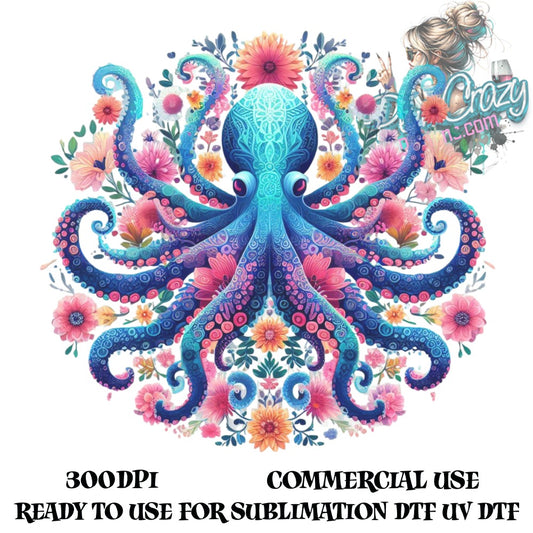 Colorful Octopus Floral Design, Digital Download for Sublimation, UV DTG Print, 300DPI Commercial Use Artwork