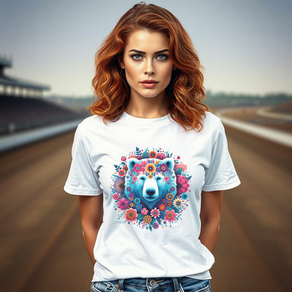 Women's Floral Bear T-Shirt, Colorful Artistic Animal Print, Casual Graphic Tee, Stylish Summer Top, Unique Design Shirt