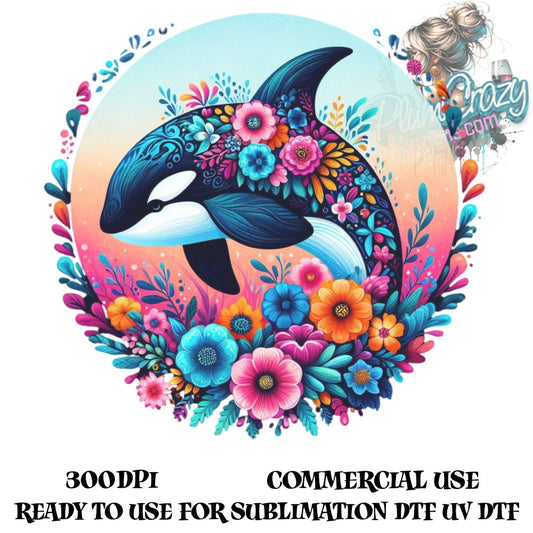 Colorful Orca Whale Floral Circle Art, Sublimation Design, Commercial Use, Digital Download, UV DTF Ready, Vibrant Ocean Life Decor