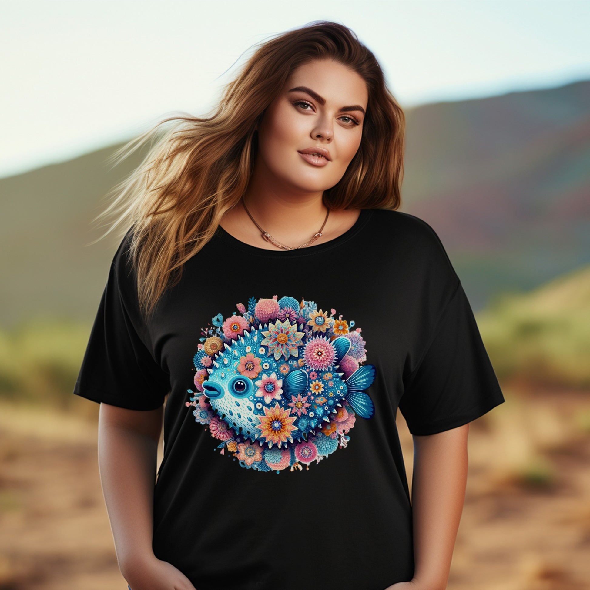 Women's Plus Size Black T-Shirt with Colorful Floral Heart Design, Casual Fashion Top