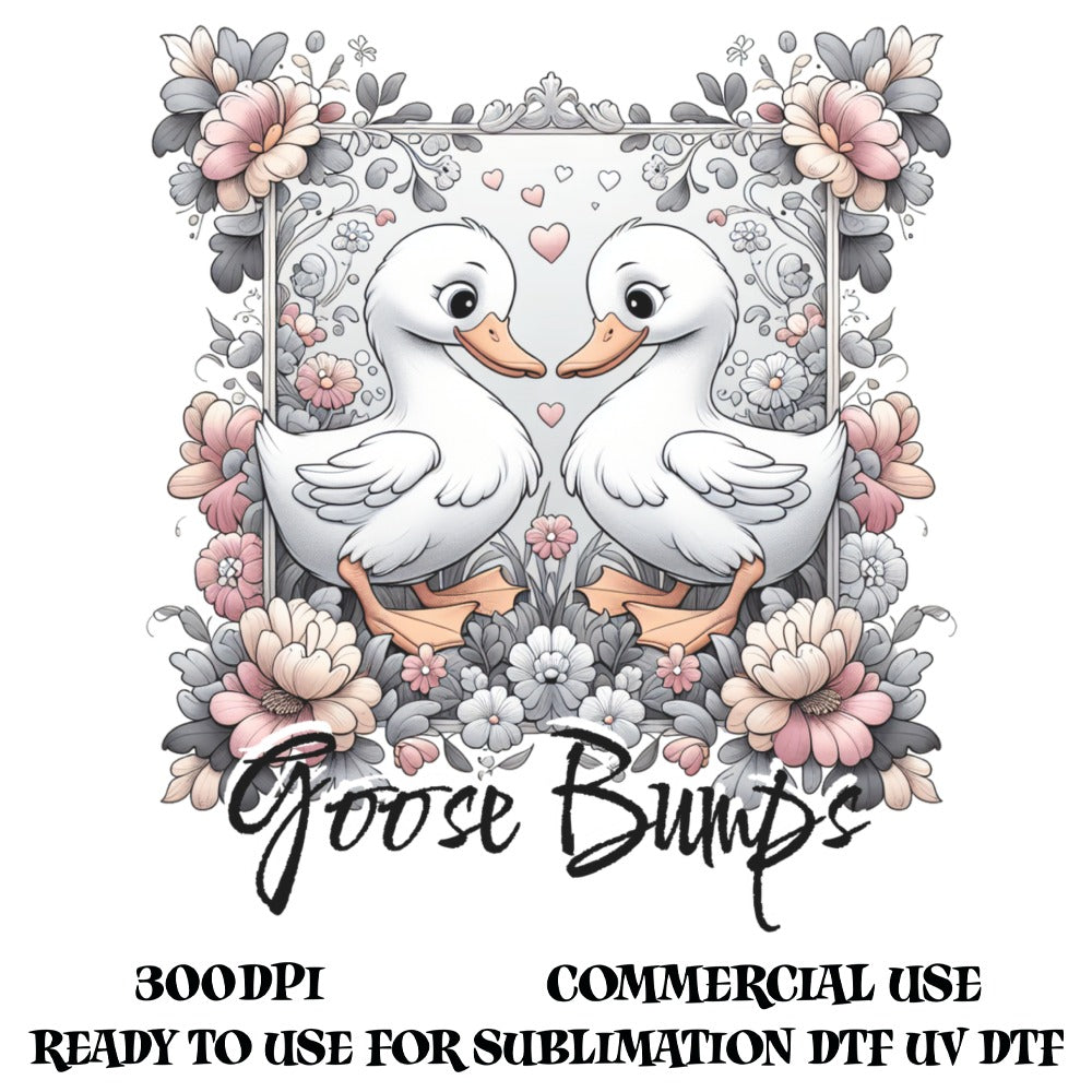 Cute Duck Couple Digital Graphic, Floral Frame, Commercial Use, Sublimation Design, Romantic Ducks Illustration, Printable Art 300dpi
