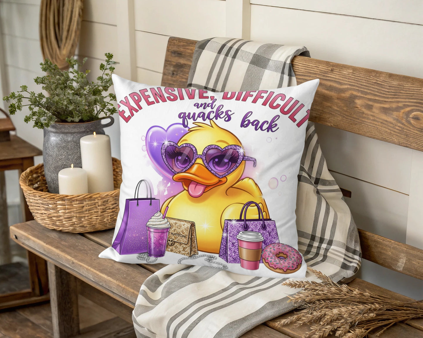 Cute Duck Throw Pillow, Expensive Difficult Quacks Back, Decorative Sofa Cushion with Shopping Duck Design, Unique Gift Idea