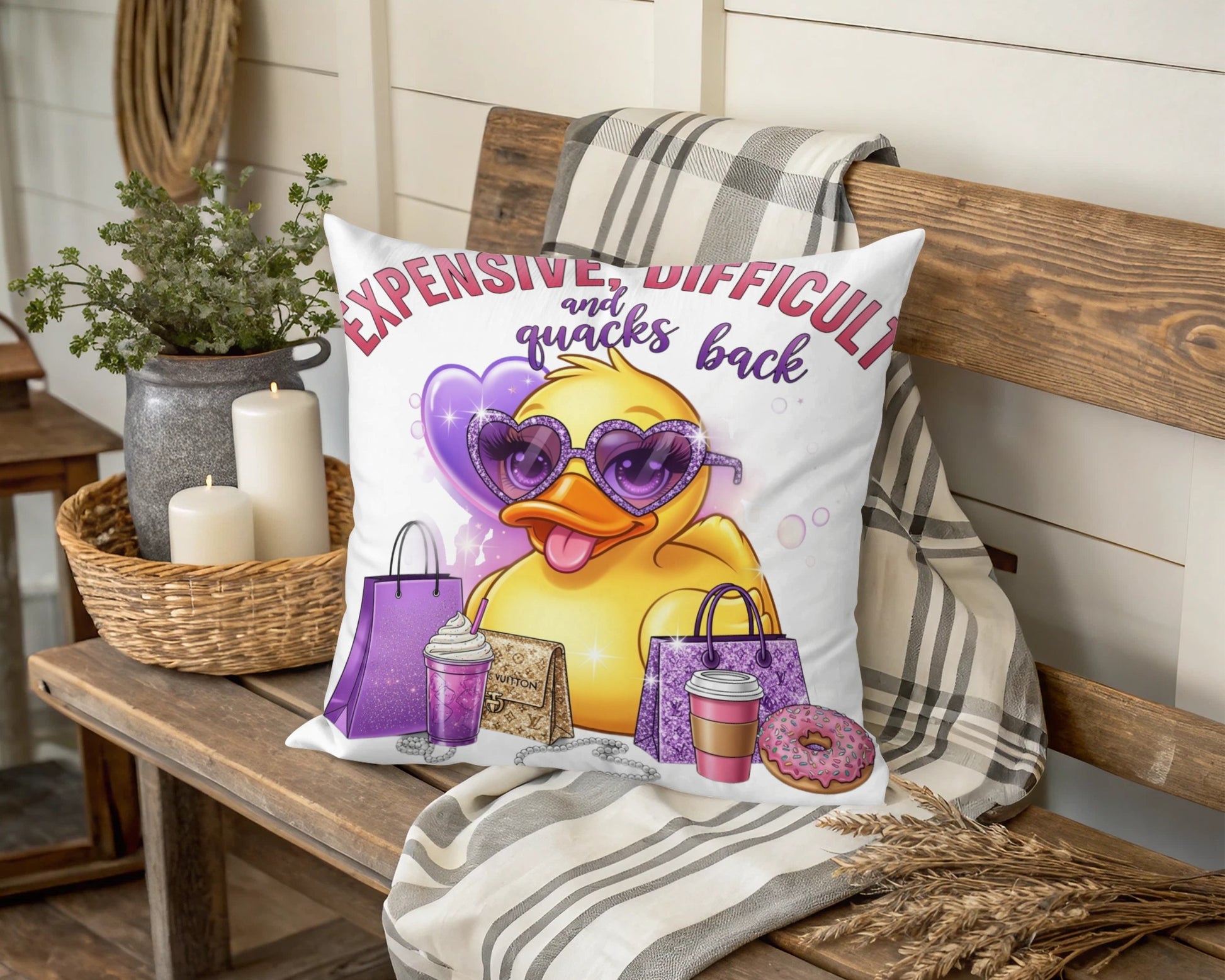 Cute Duck Throw Pillow, Expensive Difficult Quacks Back, Decorative Sofa Cushion with Shopping Duck Design, Unique Gift Idea