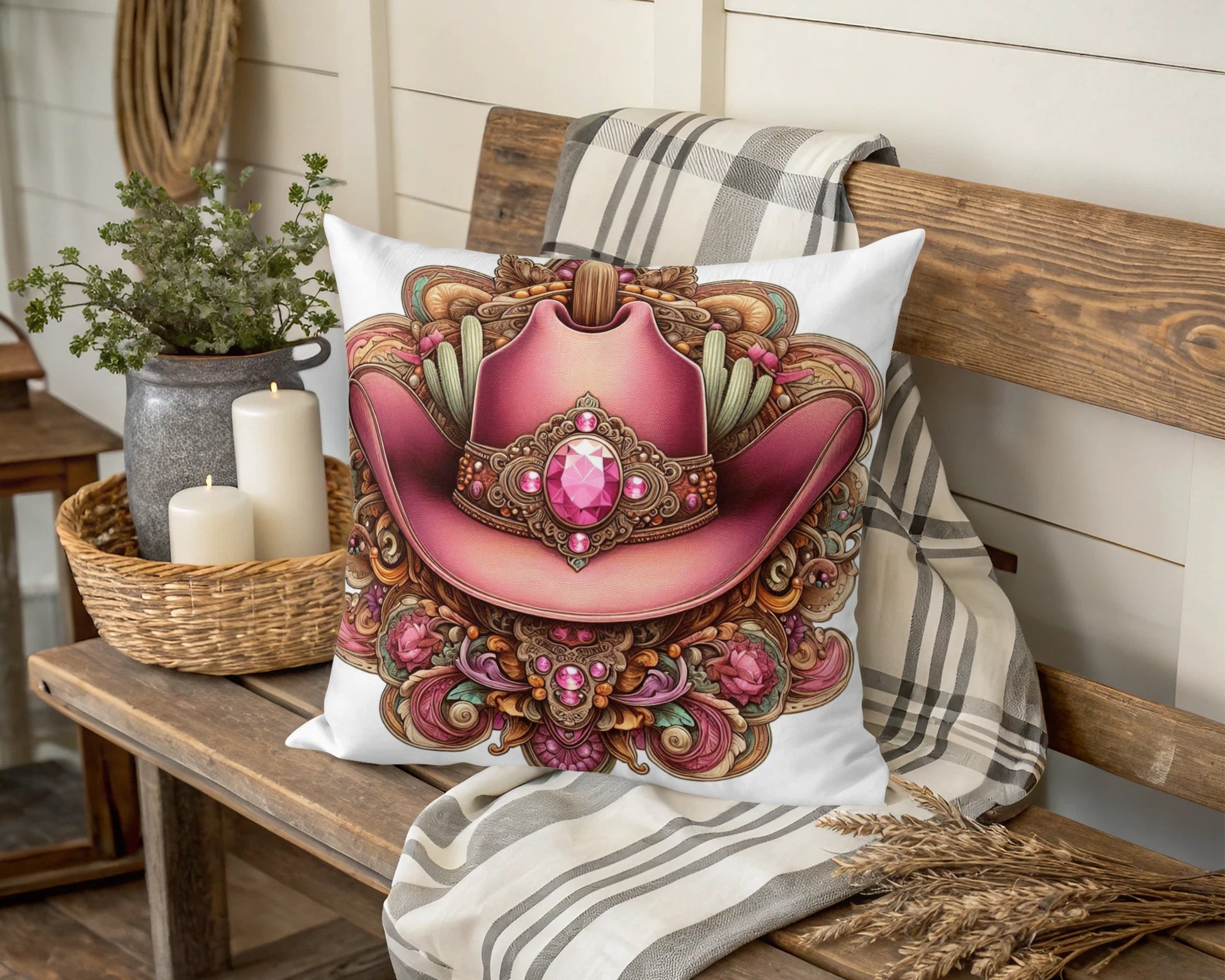 Decorative Throw Pillow with Ornate Cowboy Hat Design, Pink Gemstone, Floral Accents