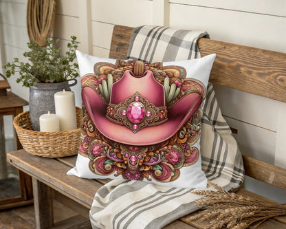 Decorative Throw Pillow with Ornate Cowboy Hat Design, Pink Gemstone, Floral Accents