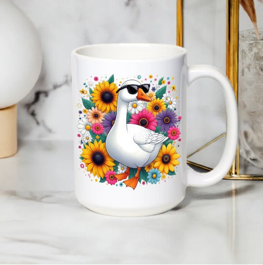 Colorful Swan Coffee Mug, Floral Print, Ceramic Mug, Vibrant Sunflower and Rose Design, Gift Idea, Unique Bird Cup, Nature Inspired Decor