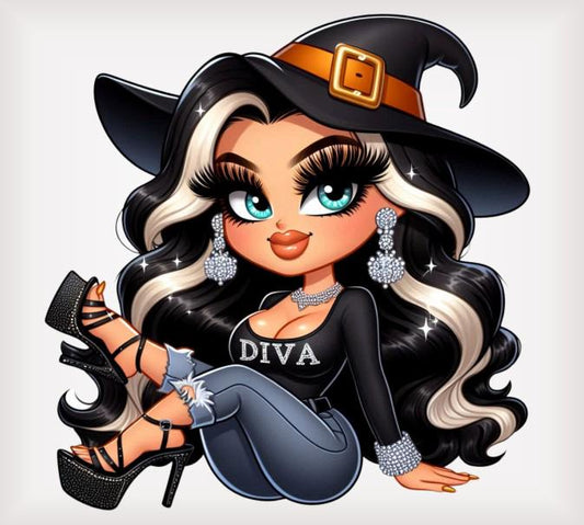 Cute Witch Diva Digital Download, Halloween Cartoon Character Art, Glamorous Witch with Hat and Heels, Instant Download