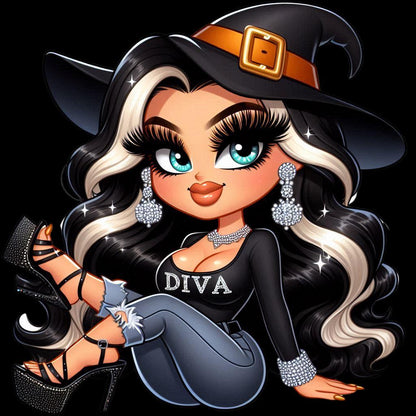 Cute Witch Diva Digital Download, Halloween Cartoon Character Art, Glamorous Witch with Hat and Heels, Instant Download